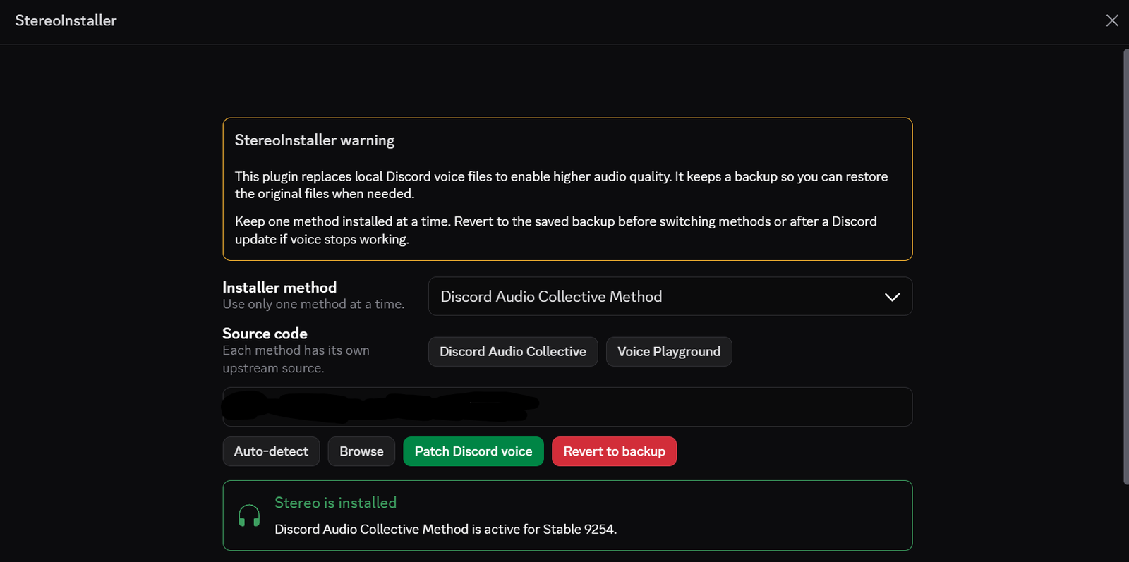 StereoInstaller panel: installer method, patch and revert actions, install status